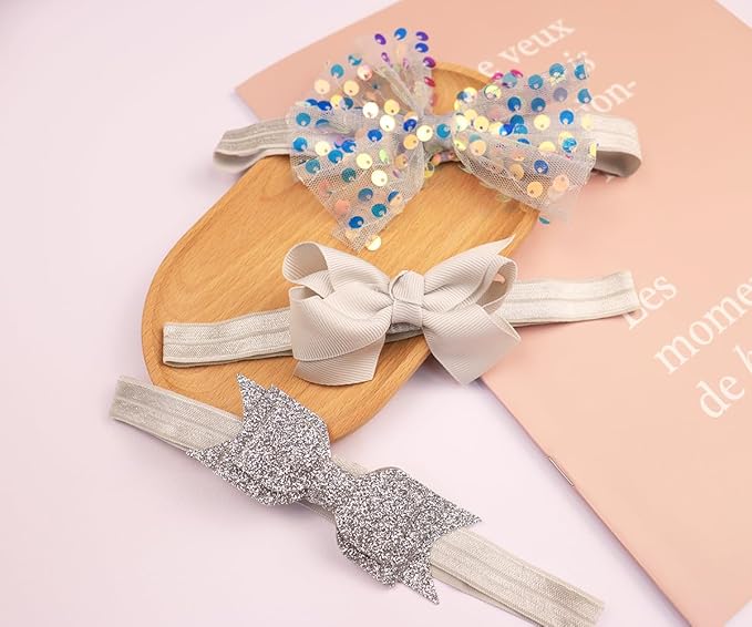 3pcs Baby Girl Bows Headband Chiffon Flower Hairband for Newborn Infant Toddler Soft Elastic Hair Bow Accessories for Baby Birthday Party (Grey, Standard size)