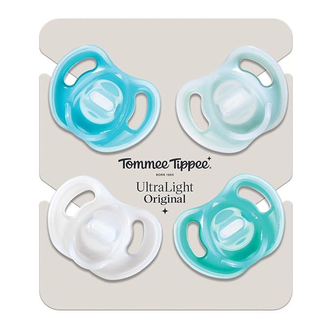 Tommee Tippee Ultra-Light Silicone Pacifier,0-6 Months,Symmetrical One-Piece Design,BPA-Free Silicone Binkies,Blue/Green/Clear,(Pack of 48)
