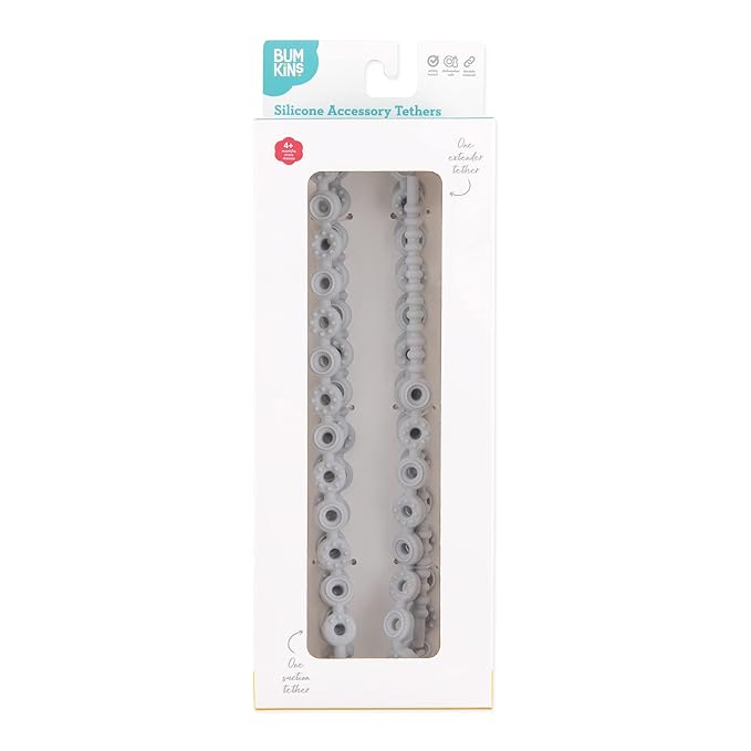 Bumkins Pacifier Clip Feeding Supplies for Baby Girl or Boy, Toy Straps for Sippy Cup, Teether, Stroller Accessories, Platinum Silicone Accessory Tether Leash, Safe for Teething Babies, Gray