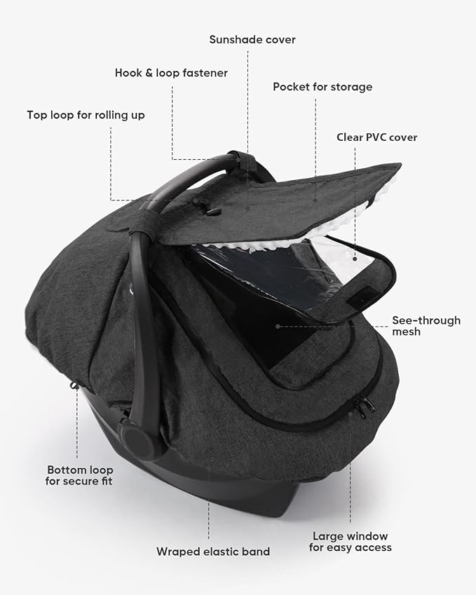 Waterproof Baby Car Seat Cover, Infant Car Seat Cover Canopy Windproof Rainproof for Baby Boys Girls, 2 Layers with Clear and Mesh Window Protect Baby from Rain Snow and Sunlight - Black