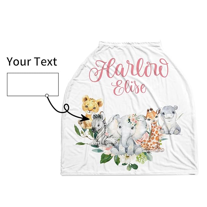 Personalized Baby Car Seat Cover Stroller Canopy: Custom Name Newborn Baby Girl Elastic Safari Animals Nursing Cover for Moms First Birthday Gift Pink(one Size)