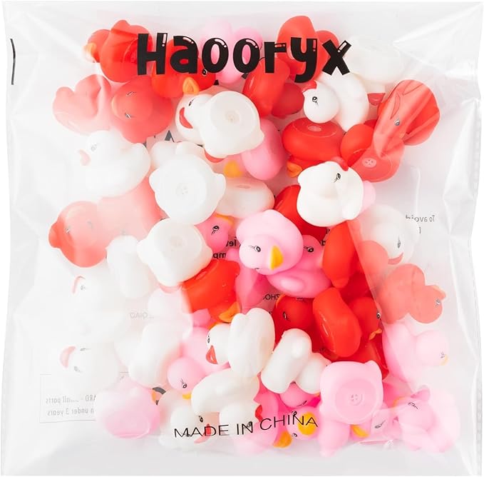 Haooryx Valentine's Exchange Gifts Bulk - 60-Piece Valentine's Day Mini Rubber Duckies Cute Red Squeak Duck Kids' Multi-Item Party Favor Pack Classroom Exchanges Holiday School Game Rewards Goodie Bag