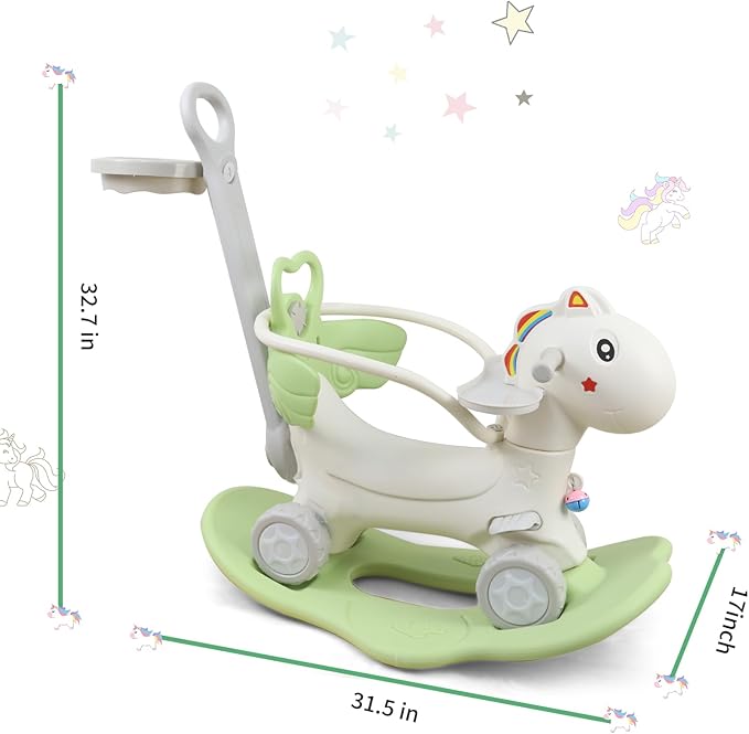 Ancaixin 4 in 1 Rocking Horse Ages 1-3, Baby Rocking Toy Birthday Gift for Toddlers 1-3 Years Old, Balance Bike Ride On Toys with Push Handle, Backrest and Balance Board for Baby Girl and Boy, Green