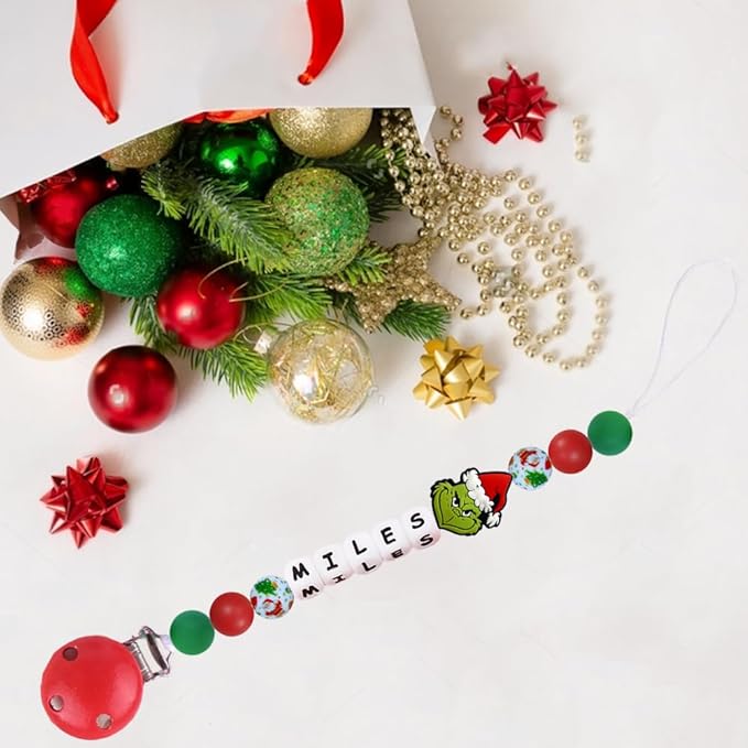 Personalized Christmas Pacifier Clip with Baby Name,1st Christmas Custom Binky Clip Baby Gift (Red)