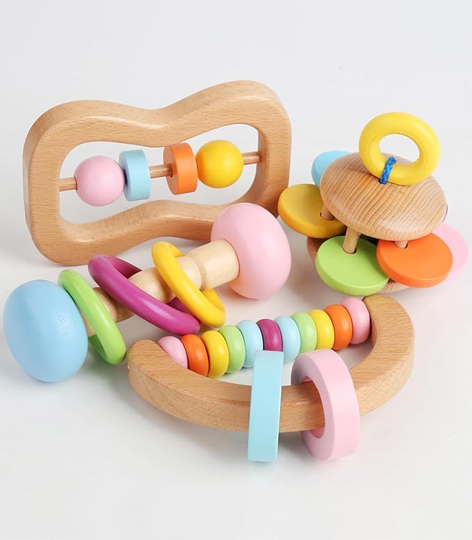 4 PCS Wooden Baby Rattle, Organic Colorful Baby Rattles Set, Wood Rattles for Babies 0-6-12 Months, Wooden Teether Crochet Rattle Toy for Infant Newborn,Montessori Toys for Babies 0-6 Months