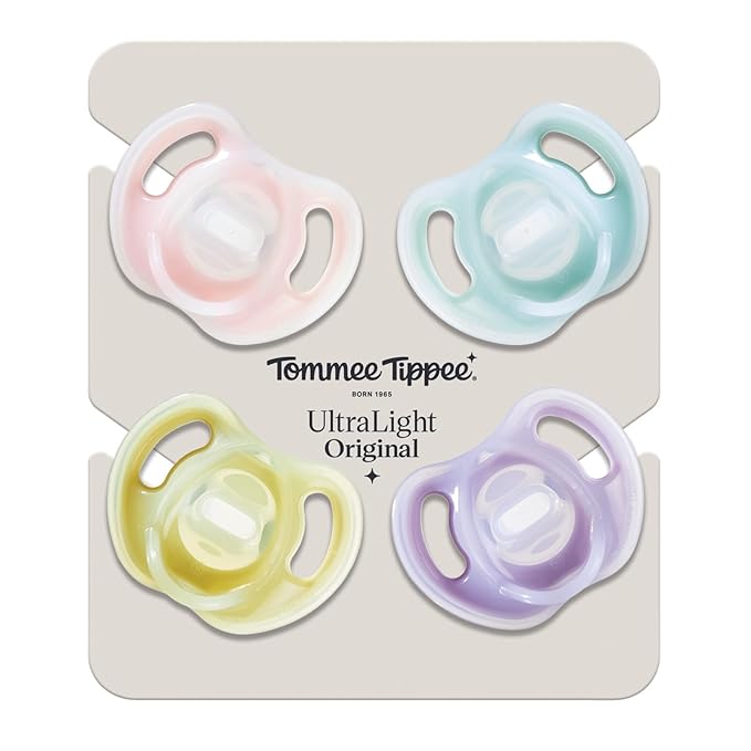 Tommee Tippee Ultra-Light Silicone Pacifier, 6-18 Months, Symmetrical One-Piece Design, BPA-Free Silicone Binkies, Pink/Violet/Yellow, Pack of 4