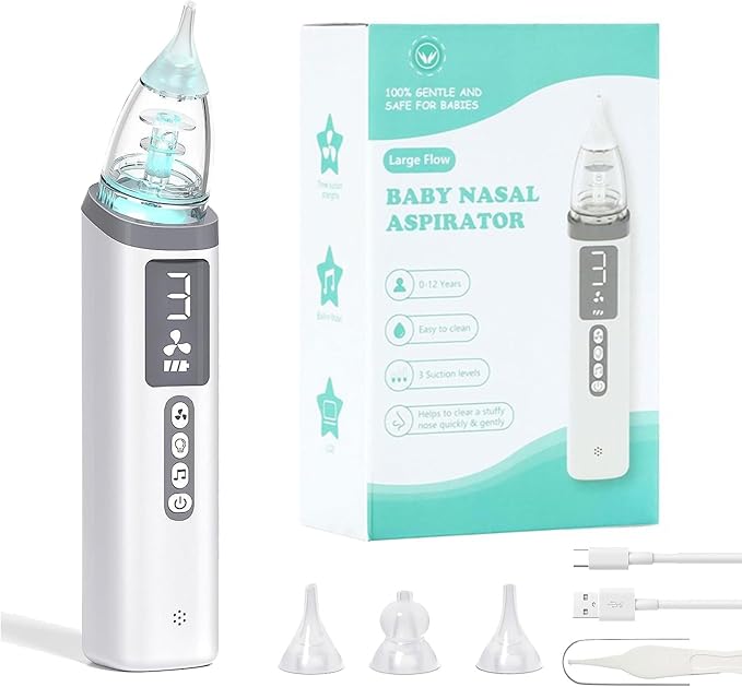 Nasal Aspirator for Baby,Baby Nose Sucker,Electric Nasal Aspirator for Baby,for Relieving Nasal Congestion,Nose Cleaner with 3 Silicone Tips,Adjustable Suction Level,Music and Light Soothing Function