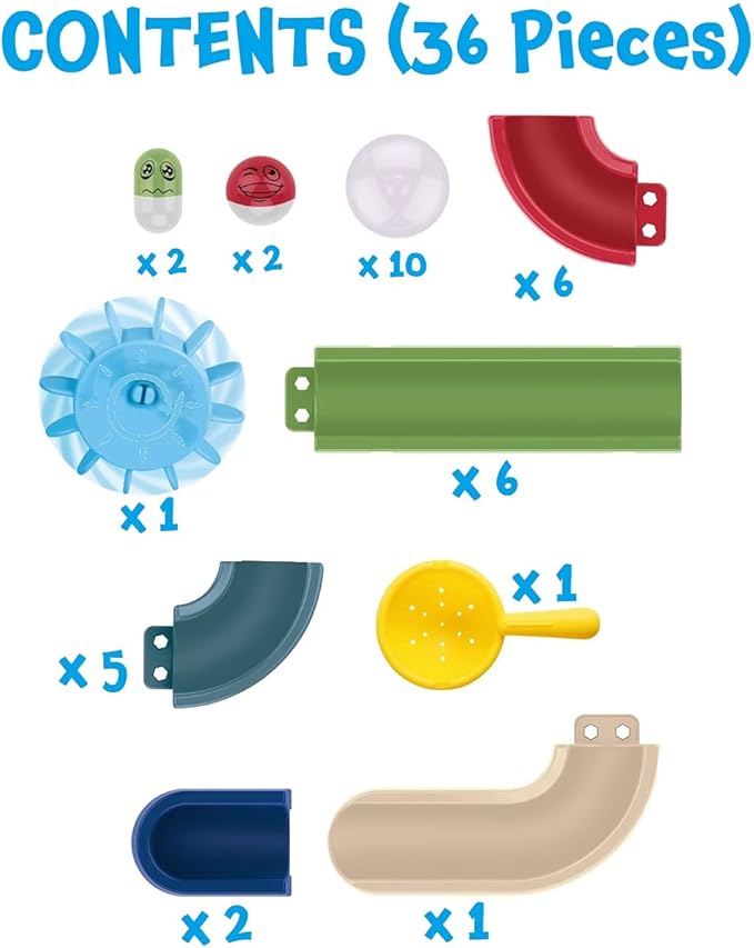 Buddy & Barney: Bath Time Marble Run - 36pc Set, Different Sized & Colored Pieces, Build A Track & Race The Special Balls Down, Water Toy, Kids Age 3+