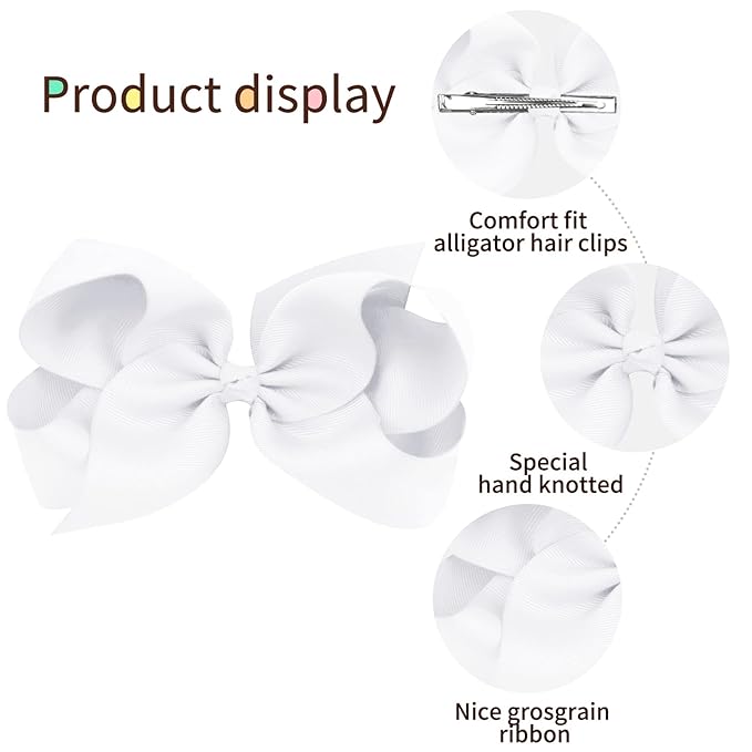 Oaoleer 8PCS Hair Bows for Girls White Grosgrain Ribbon Boutique Bow Alligator Clips Hair Accessories for Toddlers Little Girls Kids (8inch, 6inch, 4.5inch, 3inch in Pair)