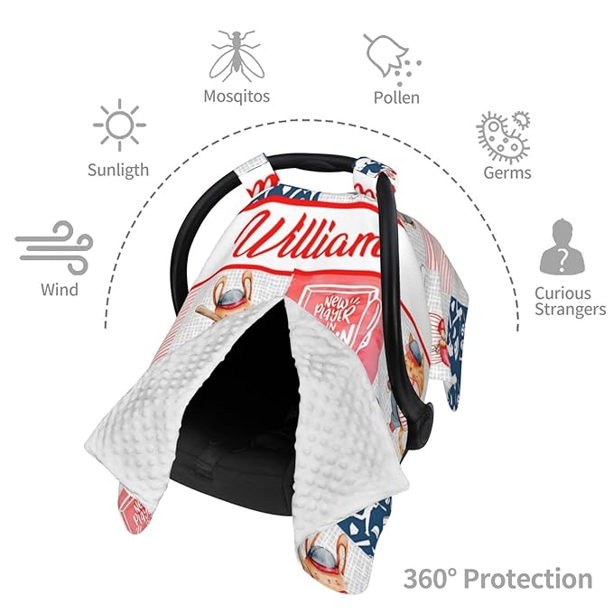 Personalized Baby Car Seat Canopy for Babies with Name, Custom Car Seat Covers for Boys Girls, Baseball Sports Nursing Breastfeeding Stroller Cover Infant Carseat Canopies for Newborn