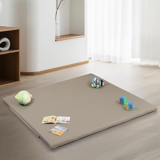 MOMCAYWEX 50"x50" Premium Baby Play Mat, Memory Foam with Wipe-Clean Leather Cover, Non-Slip & Machine Washable Floor Mat for Tummy Time, Crawling and Family Bonding Time, Grey