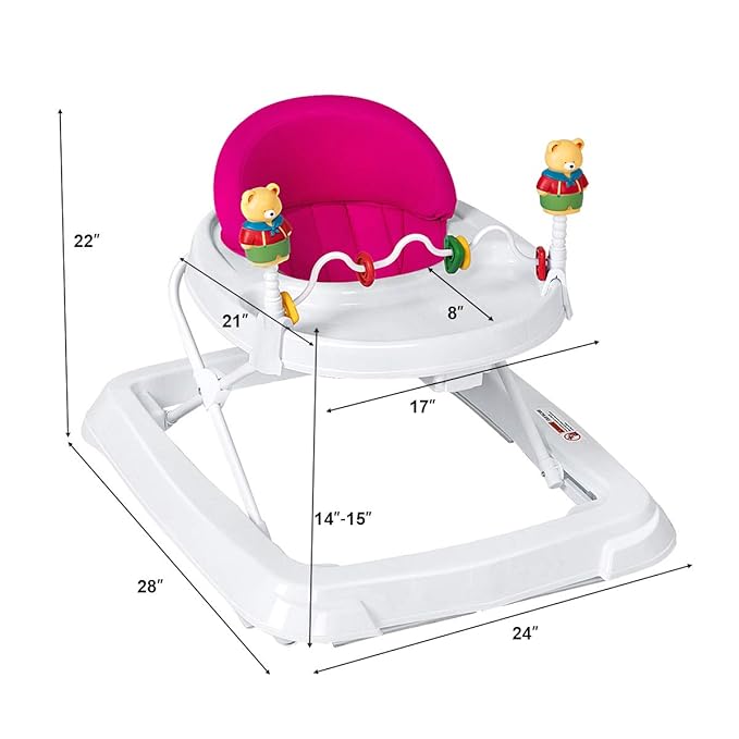 Baby Walker, Collapsible Baby Activity Walker with Walking Toys & 3-Levels Adjustable Height, Comfy High Back Seated Baby Walker with Wheels for Boys & Girls (Pink)