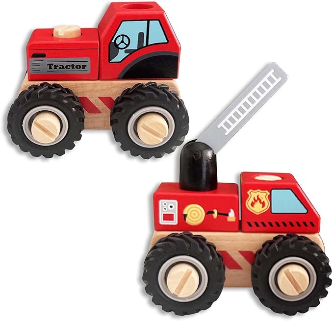 Construction Vehicles for Toddlers, 2 Pcs Wooden Detachable Assemble Cranes and Tractor, Kids Vehicle Toys Hand Push Car Toys for 3 Years Old Boys Girls