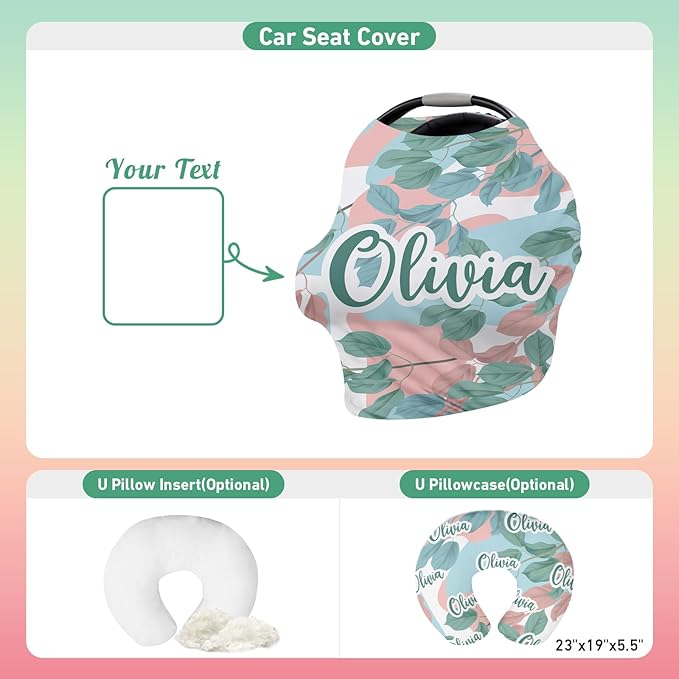 Personalised Car Seat Cover for Babies - Multi-use Carseat Canopy Cover with Name, Car Seat Covers, Christmas Birthday Gifts for Infant Boys and Girls Pink Leaf Print