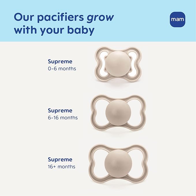MAM Supreme Baby Pacifier, Newborns 0-6 Months, Developed with Orthodontists, Extra Air Flow for Sensitive Skin, Glows in The Dark, BPA-Free Silicone, Sterilizer Case, Pack of 2, Made in Europe