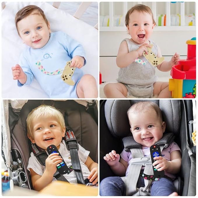 2PCS Silicone Baby Teething Toys, Remote Control Shape Teething Toys and Game Controller Teether Toy with 2PCS Pacifier Clip, BPA Free Silicone Remote Teether for Baby 3+ Months,Frozen(Black&Beige)