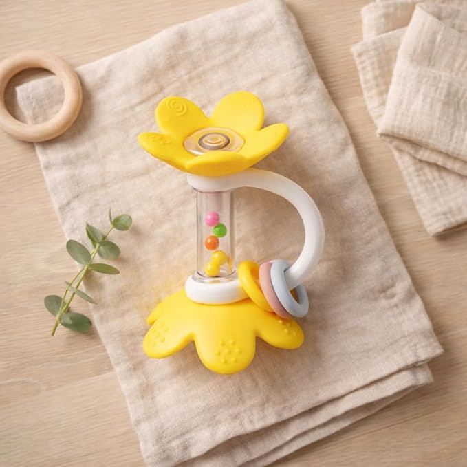 Standing Flower Silicone Baby Rattle Teether – 5 Textured Petals for Gum Relief | Colorful Bead Rattle | Easy-Grip Handle | BPA-Free, Phthalate-Free | Sensory Toy 3-36 Months