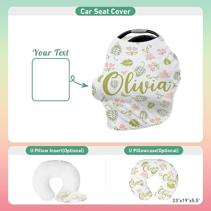 Personalised Car Seat Cover for Babies - Multi-use Carseat Canopy Cover with Name, Car Seat Covers, Christmas Birthday Gifts for Infant Boys and Girls Light Green Flower