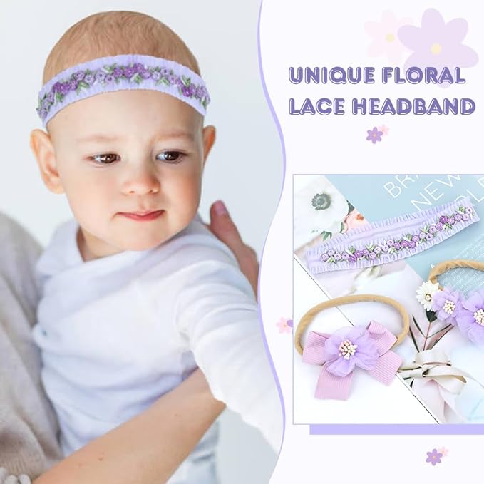 Dizila 6 Pieces Super Soft Stretchy Purple Light Blue Baby Girl Bow Flower Nylon Headbands Floral Lace Headbands Hair Accessories for Newborns Infants Toddlers Girls Kids