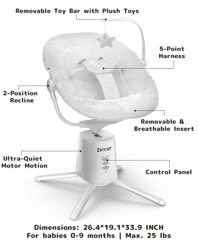 Zoicay Baby Swing,Baby Swings for Infants with 3 Modes & 5 Speeds, BT Enabled App & Remote Control, Electric Swing – 6 Lullabies and 3 Timer Setting, 2 Seat Positions and 5-Point Harness Swing (White)