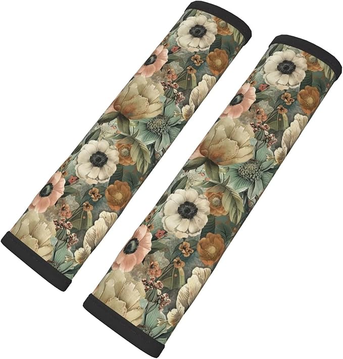 2PCS Car Seat Belt Cover Boho Flower Cute Safety Seatbelt Shoulder Strap Covers Floral Breathable Soft Harness Pad Protect Rustic Vintage Seat Belt Cushion