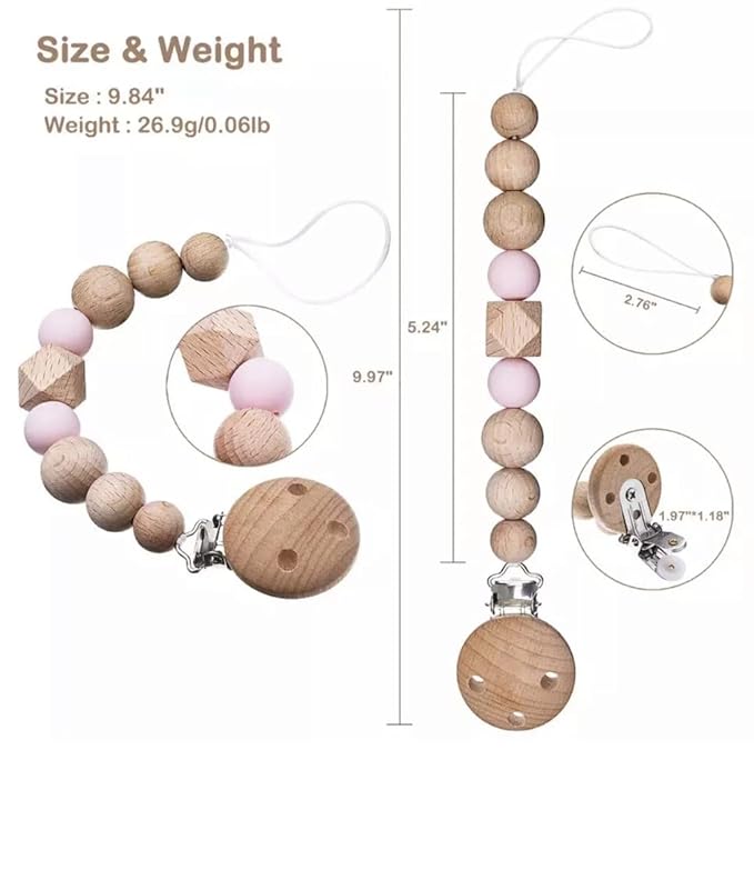 White-Sweet Jill Pacifier Clip Made with Silicone Beads and Secured with Wood Clip. 1 Piece Design. BPA-Free. Chewable. 9" Long. Keeps Pacifiers and teethers securely Fastened.
