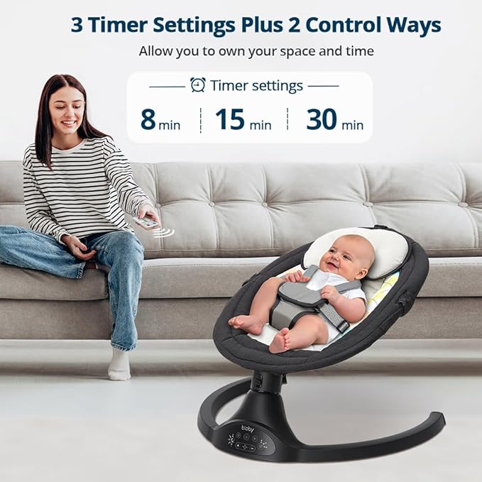 Bioby Baby Swing for Infants with 5 Natural Sway Speeds, Portable Bt Music Rocker with Remote Control&5-Point Harness, Lightweight Baby Rocker for 5-20 Lb,0-12 Months Black