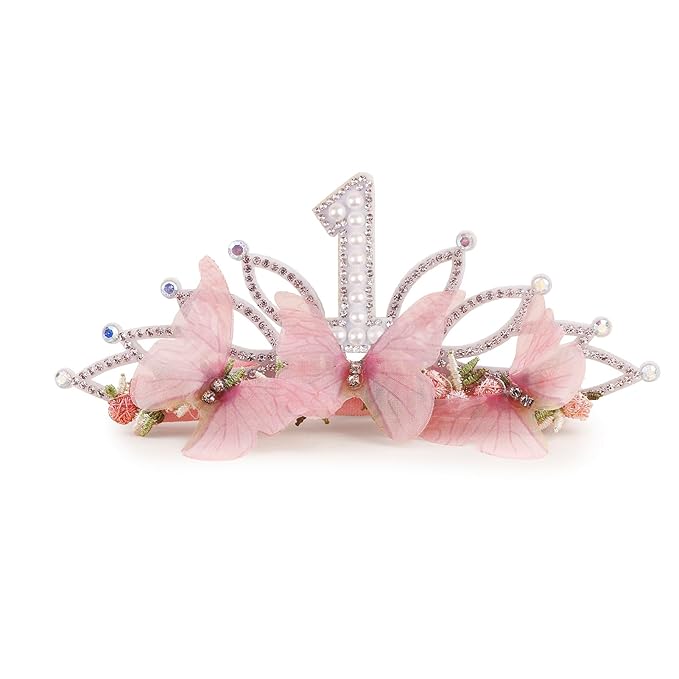 cherrboll Baby Girl Birthday Crown Floral Headband, Soft Flower Head Wrap Tiara Hairband for 1-3 Years Old Toddlers Kids First 1st Birthday Party Dress Photo Decoration
