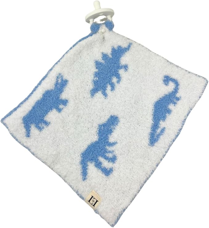 L+L USA Dinosaur Baby Lovey Pacifier/Teether Holder 10"x10" - DreamSoft Plush Fluffy Cuddly Soothie Reversible Mini Comfort Blanket - Newborn Gift Essential Babies Boys Girls (Baby Blue/White)