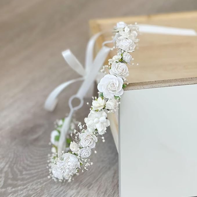 Toddler Flower Crown with Baby's Breath 1st Birthday Photo Prop Headpiece Baby Girls Floral Hair Wreath Rustic Wedding Headband for Toddler(40cm length)
