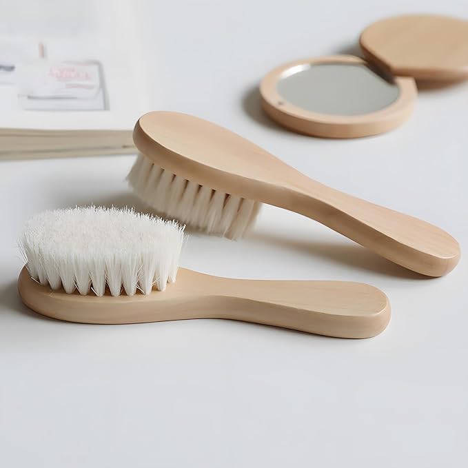 2 Pack Baby Hair Brush with Wooden Handle and Super Soft Goat Bristles for Newborns Toddlers