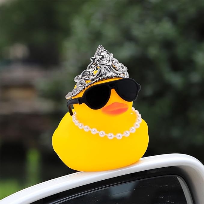 wonuu Car Duck Rubber Duck Car Ornaments Duck Car Dashboard Decorations with Cute Headband Swim Ring Necklace Sunglasses, C-Female Crown&Pearl Chain&Pink