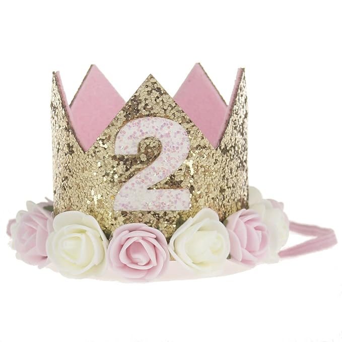 2nd Baby Birthday Crown Flower Tiara Headband 2 Year Old Birthday Party Hat Hairbands Princess Photo Props Birthday Decorations Baby Photography Gifts