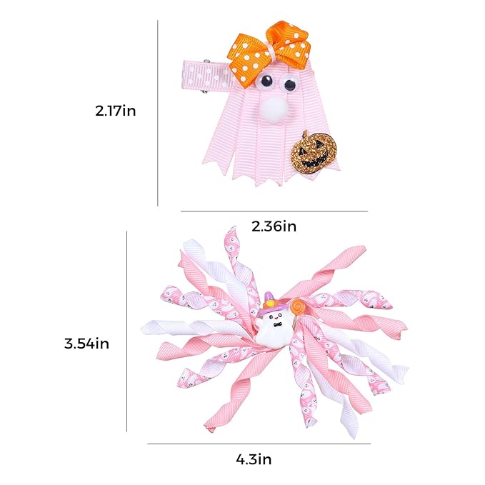 Halloween Ghost Korker Curly Ribbon Hair Bows for Girls, 4 Pcs Cute Pink Ghost Pigtails Hair Clip Barrettes for Baby Toddler Teen Women Trick or Treat Gift Costume Party Decor Accessory