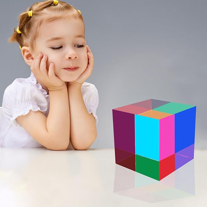 CMY Colorful Cube, 3.93 inch (100mm) Acrylic Mixing Color Cube Prism for Physics Education Learning and Office Desktop Decor, Scientific Toys and Gifts for Kids