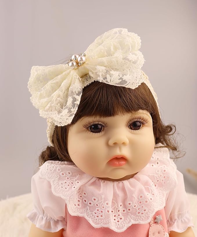 Lace Flower Bow-knot Baby Girls Headband Birthday Infant Wrap Elastic Baby Turban Hairband for Newborn Infant Toddler Kids (Ivory Pearl)