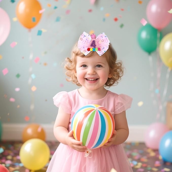 2Pcs Birthday Hair Bow for Baby Girls 1 2 3 4 5 6 Years, Pink Confetti Ice Cream Party Decorations, Sparkling Bows Hair Accessories for 4th Birthday