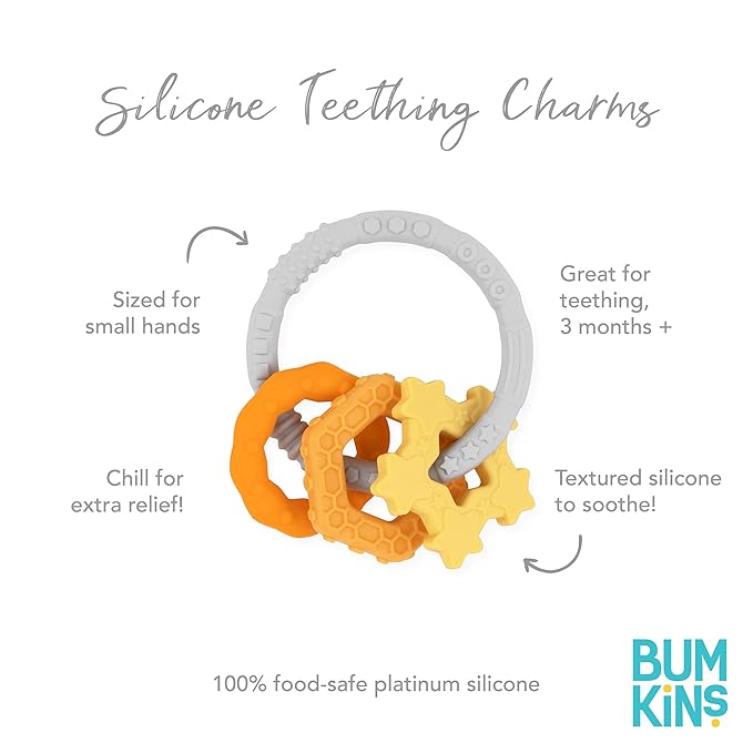 Bumkins Baby Teething Freezer Toy Keys Rings, Soft Flexible Pacifier to Chew, Cool Teether Gum Relief, Babies 3 Months, Freezable Platinum Silicone, Sensory Bracelet with Charms, Orange and Gray