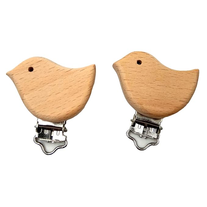 10pcs Natural Wood Suspender Pacifier Clips Cute Beech Wooden Animal Bird Shape Clips Charm DIY Beading Pacifier Chain Accessory