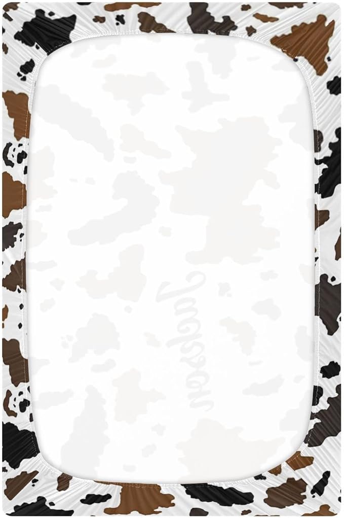 Personalized Pack and Play Sheets with Name, Custom Name Baby Mini Crib Sheets for Baby Boys Girls, Name Pack n Play, Fitted Sheet with Name, Soft and Breathable Material (Cow Print)