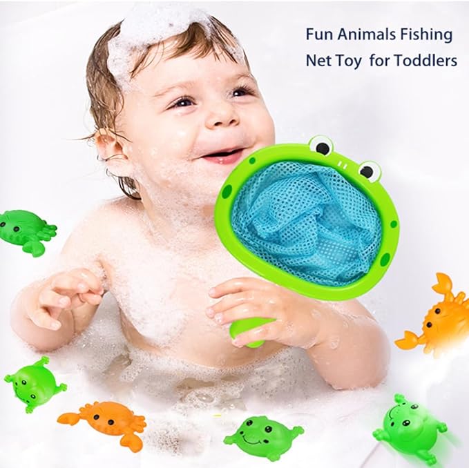 Baby Bath Toys 1 Pcs Crab Animals Fishing Net with 2 Pcs Water Floating Sea Animals Crab Toys, Bathroom Pool Water Floating Accessory Duck Crab Frog Fishing Play Set for Toddlers