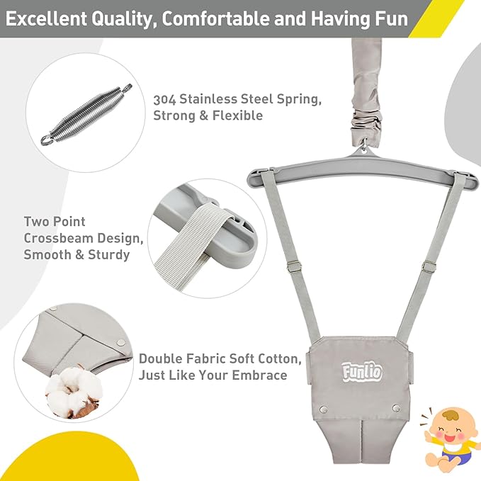 FUNLIO 2 in 1 Baby Jumper with a Ceiling Hook, Baby Walking Harness for 6-24 Months, Infant Jumper for Indoor/Outdoor Play, Infant Jumper Doorway with Adjustable Chain, Easy to Assemble & Store - Grey
