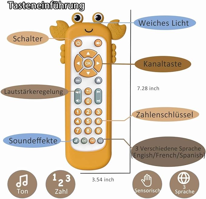 Baby TV Remote Control Toy with Soft Silicone Cute Carb Cover, Musical Realistic Play Remote Toy with Light and Sound, 3 Language Educational Learning Toy for 6M+ Boy and Girls(Yellow)