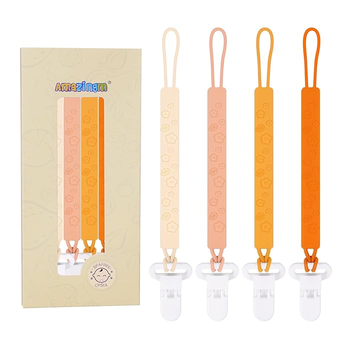 One Piece Design Silicone Pacifier Clip Holder for Baby Boys and Girls,Pack of 4 Flexible Paci Leash,Binky Clips,Newborn Essentials (Flowers & Leaves, Yellow)