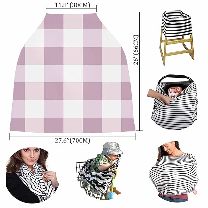 Pink White Plaid Car Seat Covers for Babies, Modern Geometric Checkered Lattice Nursing Breastfeeding Covers Stretchy Breathable Baby Carseat Canopy Cover for Girls and Boys Shower Gifts