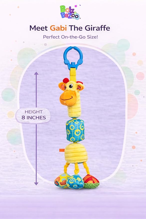 Balibazoo Gabi The Giraffe Hanging Baby Toy for 0-24M - 360° Rotating Neck | Deep Chime, Crinkle, Rattle, BPA-Free Material | Clip for Stroller, Car Seat | Soft Plush Sensory Newborn Gift