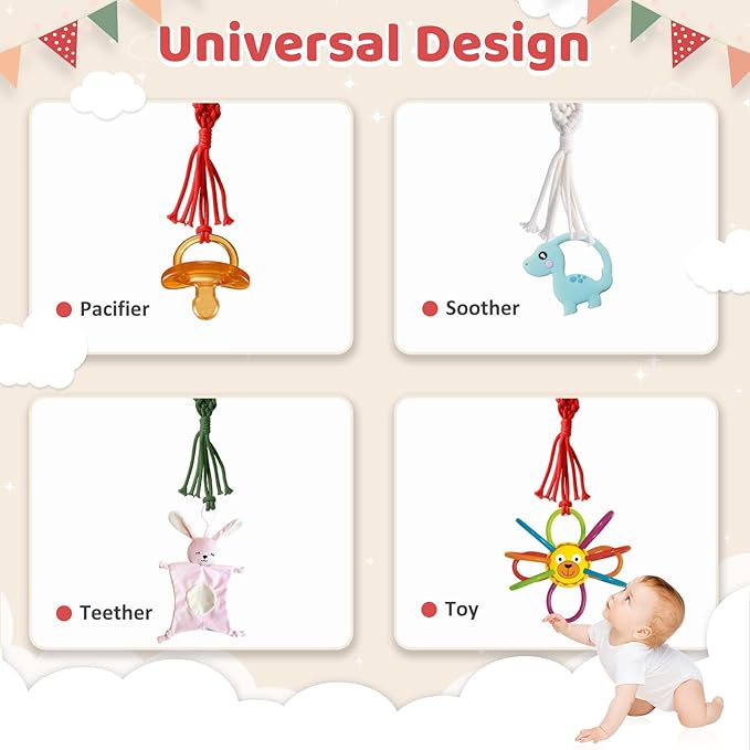 Boho Pacifier Clip for Boys Girls Pacifier Holder Leash Wooden Clips Handmade Braided Cotton Unisex Baby Shower Birthday Gift Christmas Gift