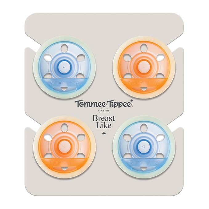 Tommee Tippee Breast-Like Night Newborn Pacifier, 0-6 Months, Breast-Like Baglet, BPA-Free Binkies, Glow in The Dark Technology, Orange/Blue, Pack of 4