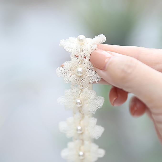 Baby Girls Hairband White Bow Lace Headbands Handmade Soft Stretchy Wide Head Band Newborn Hairbands with Bows Pearls Elastic Headband for Infant Hair Accessories(White Flower Pearls)