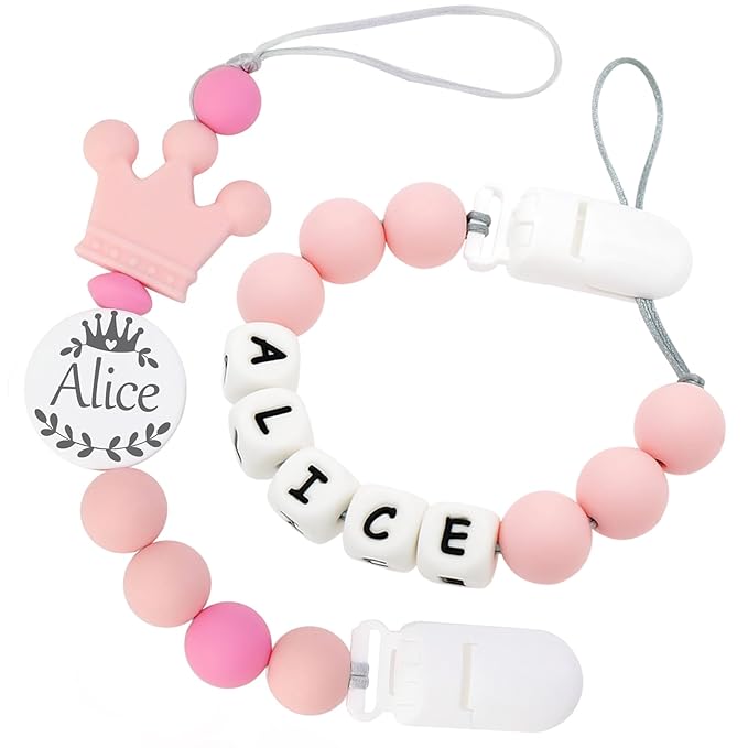 Personalized Handmade Pacifier Clip with Name - Customizable Baby Pacifier Holder with Storage Bag (4 Pack) (Pink1)